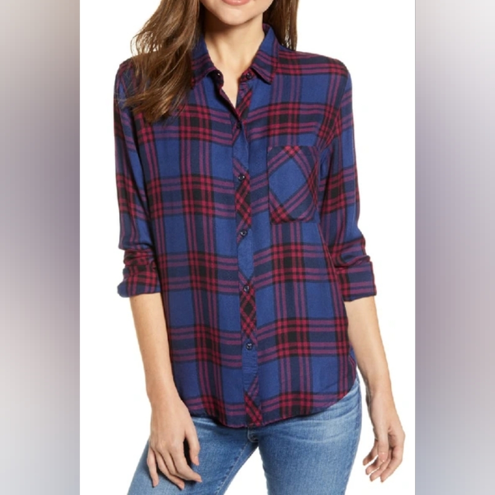 Rails Hunter Plaid Long Sleeve Button Down Raspberry/ Royal/ Black Motif - M